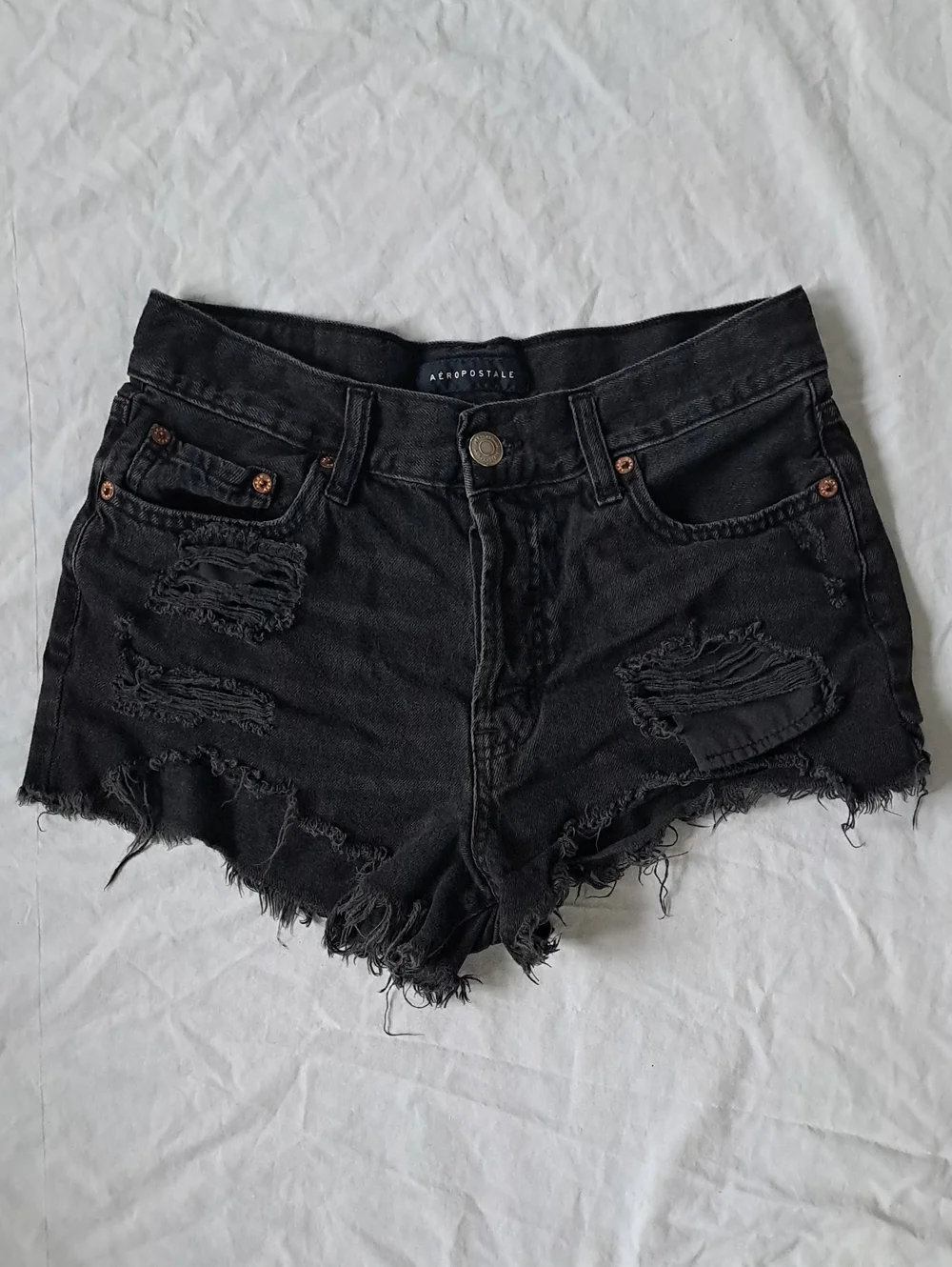 Aeropostale Black Denim Boyfriend Jean Shorts Cutoff Distressed Thrashed Rip  2
